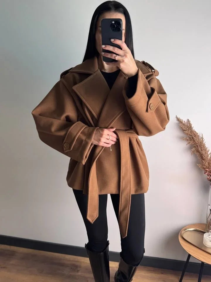 Women Short Wool Blend Trench Coat Lapel Collar Belted Waist Wrap Long Sleeve Loose Overcoat Casual Autumn Winter Lady Jackets