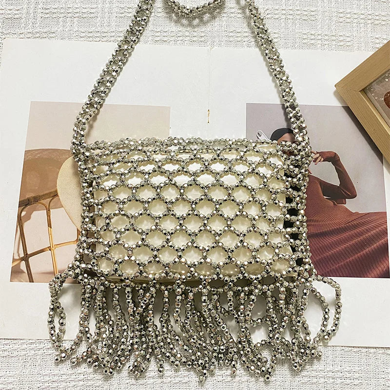 New European and American retro tassel handmade bead woven bag, niche, simple, versatile, single shoulder crossbody bag