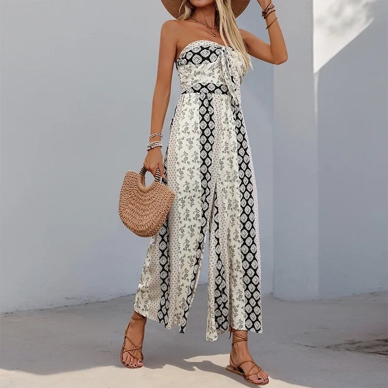 Cotton Rayon Floral Printed Sexy Strapless Jumpsuit Women Casual Bow Boho Beach Summer One Piece Women's Jumpsuits Bohemian