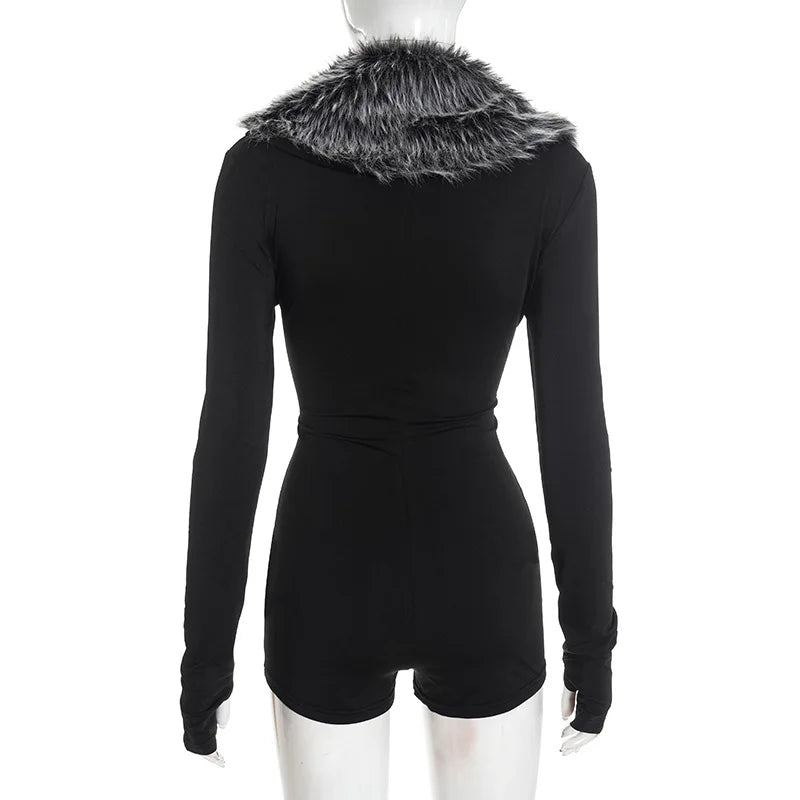 Deep V-Neck Fluffy Faux Fur Collar Short Jumpsuits for Women 2026 Fall Winter Fashion Long Sleeve Playsuits One-Pieces Rompers