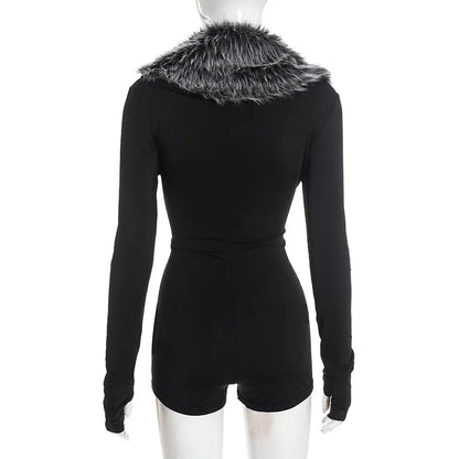 Deep V-Neck Fluffy Faux Fur Collar Short Jumpsuits for Women 2026 Fall Winter Fashion Long Sleeve Playsuits One-Pieces Rompers
