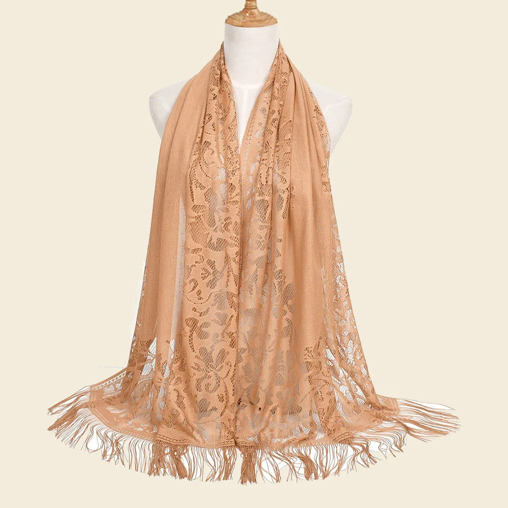 Female Breathable Floral Lace Long Scarf Tassel Fringe Shawl Wrap Flower Headscarf Muslim Hijabs Scarfs Women Headband Bandana