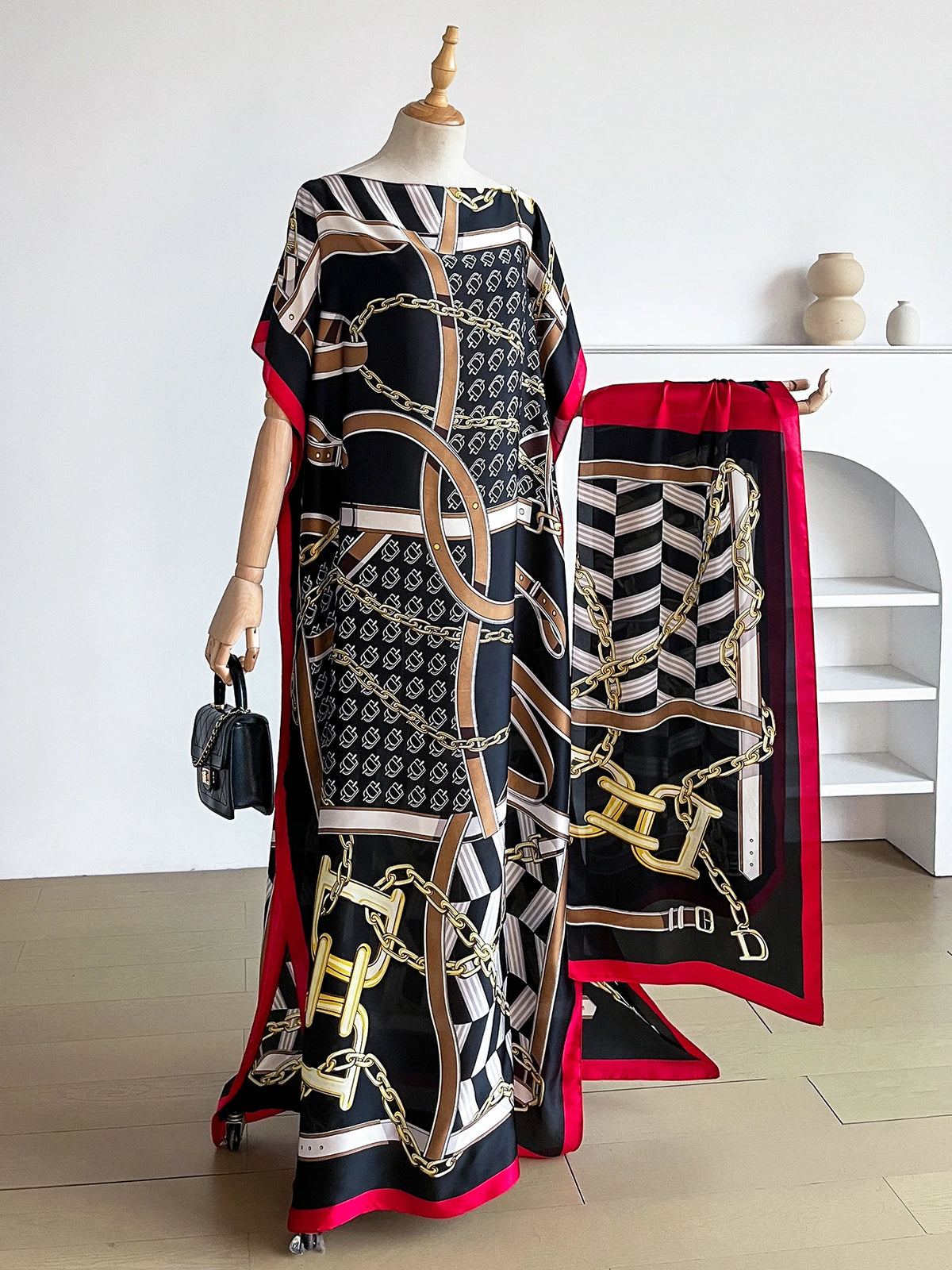 Popular Chain Print Boat Neck Modest Dress Elegant Batwing Sleeve Loose Maxi Dress With Hijab African Women's Clothing