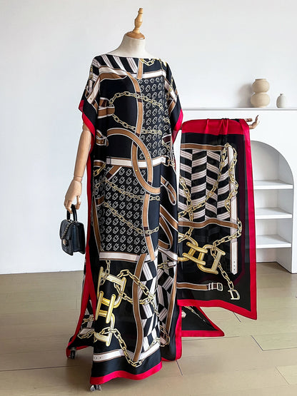 Popular Chain Print Boat Neck Modest Dress Elegant Batwing Sleeve Loose Maxi Dress With Hijab African Women's Clothing