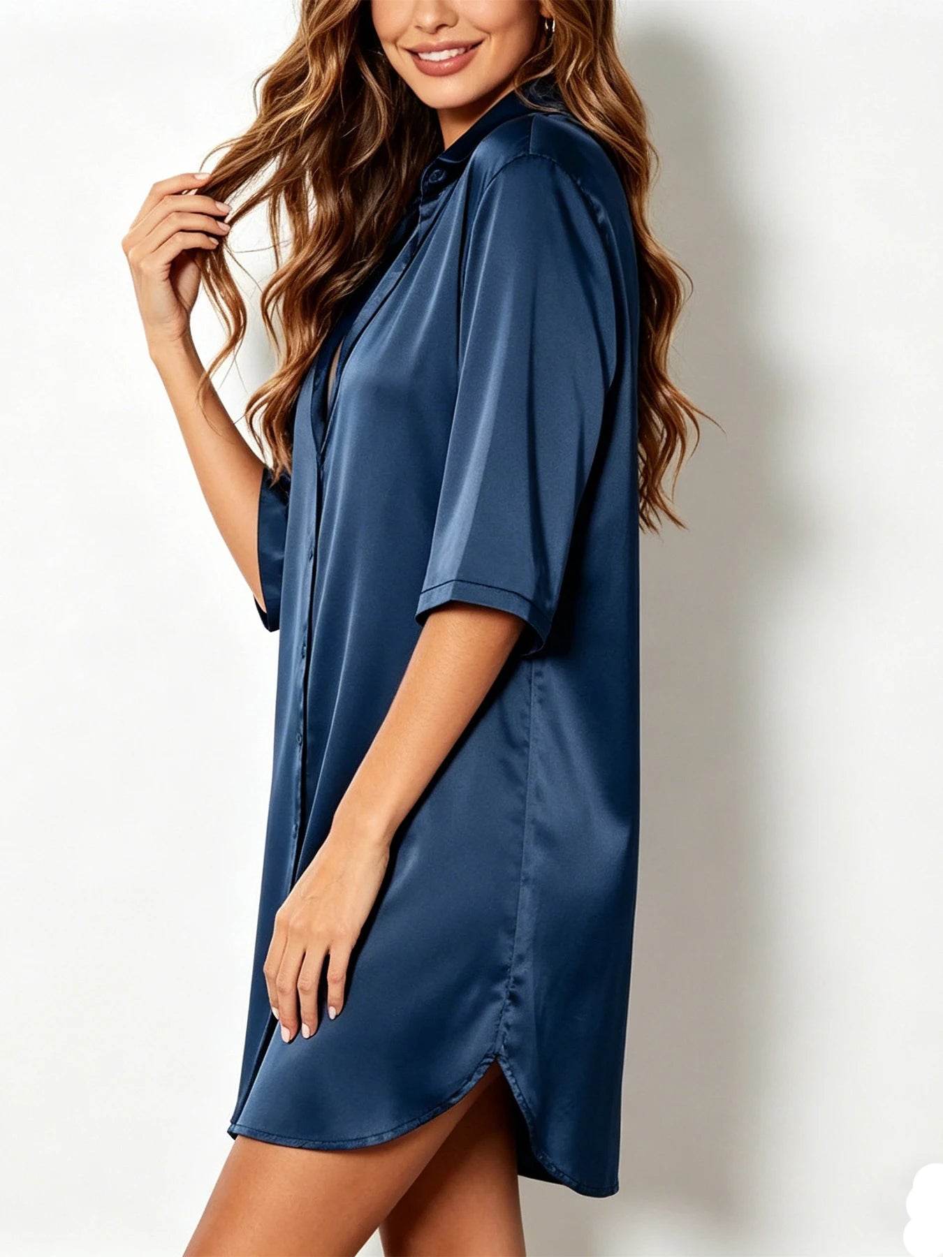 Elegant Satin Nightshirt Solid Lapel Button-Up Shirt Dress Breathable Fabric Smooth Texture Charming Women's Nightgown Sleepwear