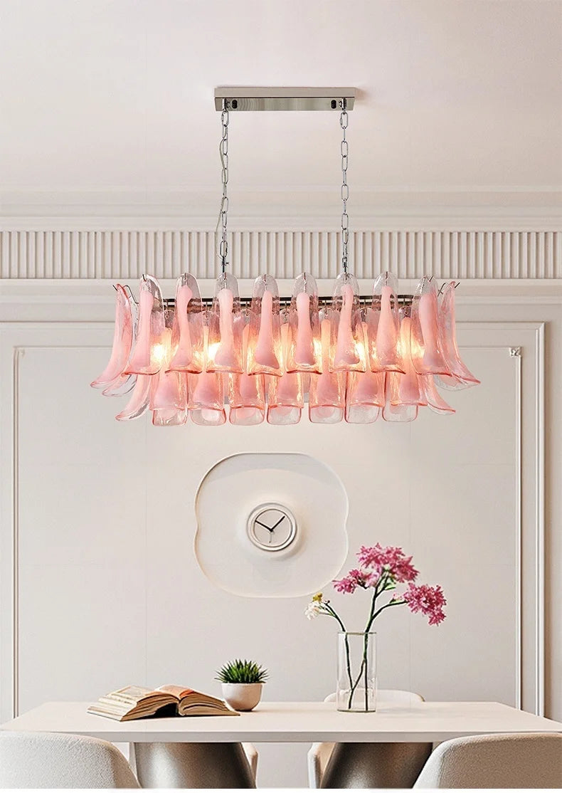 French Murano Petal Glass Chandelier Dining Table Living Room Antique Style Pink Petal Glass Pendant Chandelier Lights Bedroom