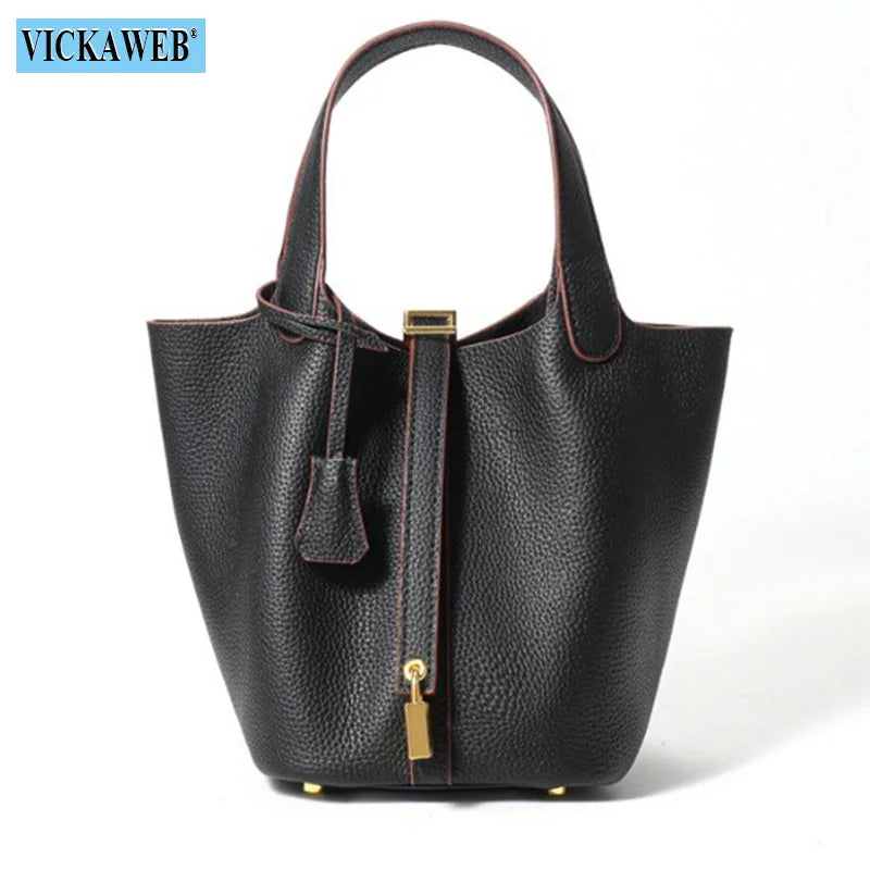 Women Tote Bags 100% Genuine Leather Bucket Female Fashion Solid Designer Shopper Shoulder Handbags Brand Trend Purses