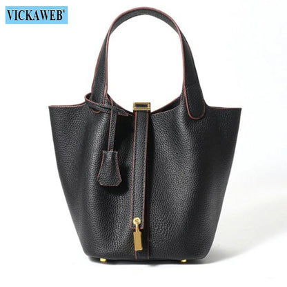 Women Tote Bags 100% Genuine Leather Bucket Female Fashion Solid Designer Shopper Shoulder Handbags Brand Trend Purses