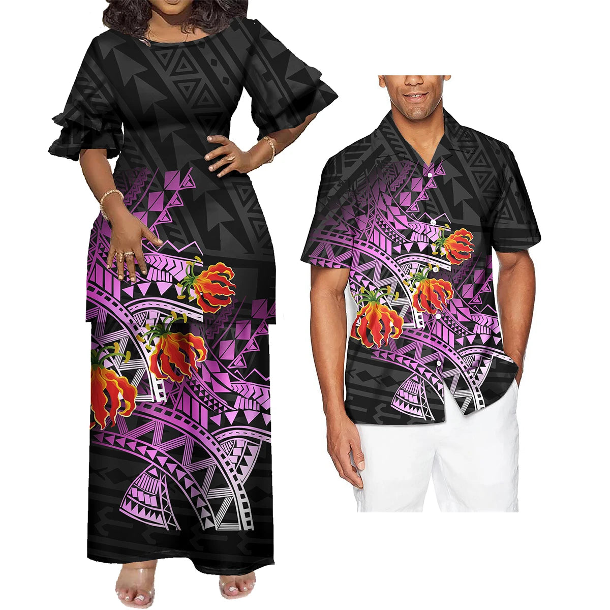 New Wholesale Custom Polynesian Tribal Design Petal Sleeve Samoan Puletasi Set Ptaha Plus Size Women 2 Piece Outfits Sets Dress
