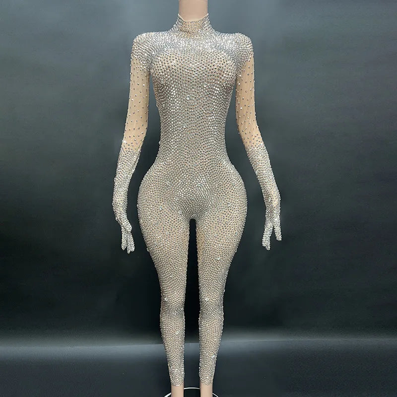 2025 Sexy Full Sparkly Rhinestone Jumpsuit for Women Bodycon Luxury Costume Party Club Bright Stage Singer Performance Jumpsuits