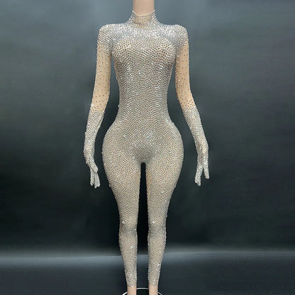 2025 Sexy Full Sparkly Rhinestone Jumpsuit for Women Bodycon Luxury Costume Party Club Bright Stage Singer Performance Jumpsuits
