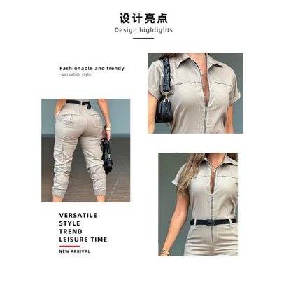 Fashion Women's Jumpsuit New Sexy Zipper Workwear Short Sleeved Lapel Multi Pocket Waistband Bodysuit Pants Female 2024 Summer