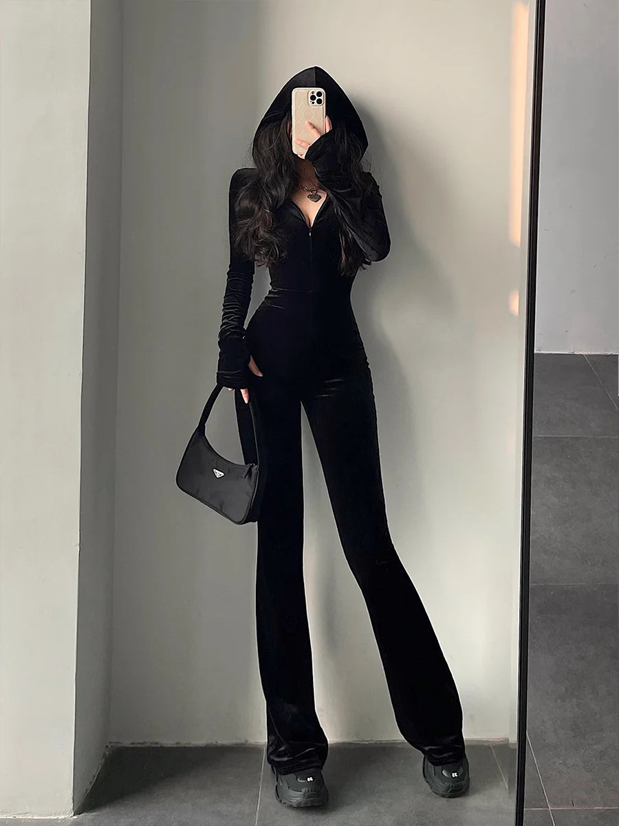 WOMENGAGA Fashion Black Velvet Slim Hooded Zipper Long Sleeve Flare Pants Jumpsuit Rompers Korean Sexy Hot Tops 2022 9P64