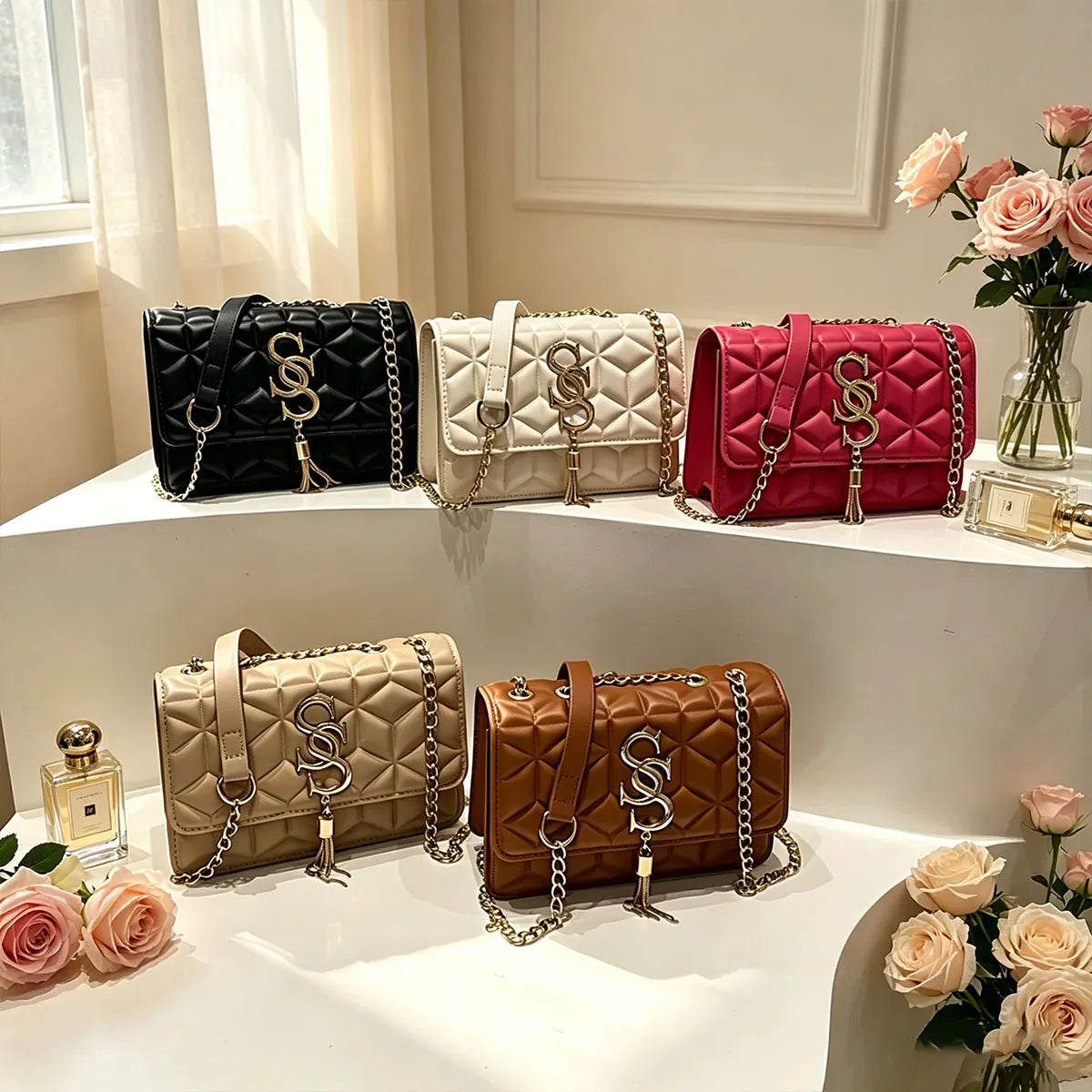 Light Luxury Trend Argyle Quilted Small Square Bag Metal Letter Tassel Flap Crossbody Bags Commuting Fashion Shoulder Bag