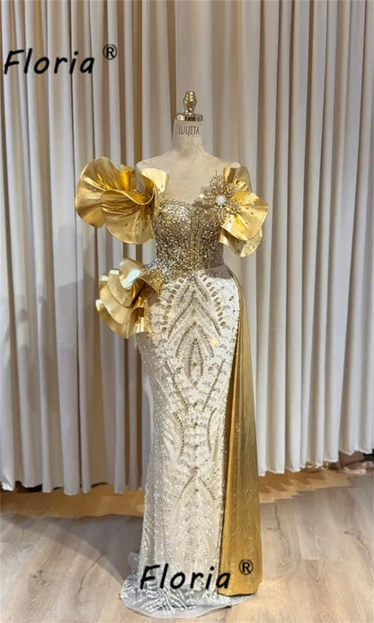 Luxury Gold Mermaid Evening Dress Off Shoulder Beaded Sequins Formal Gown with 3D Ruffle Flowers & Side Train for Women Wedding