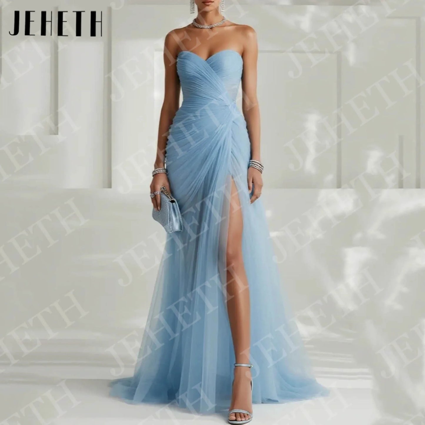 JEHETH Sky Blue Elegant Evening Dresses for Wedding Guest Woman Strapless Tulle Pleated High Slit Engagement Dress Customized