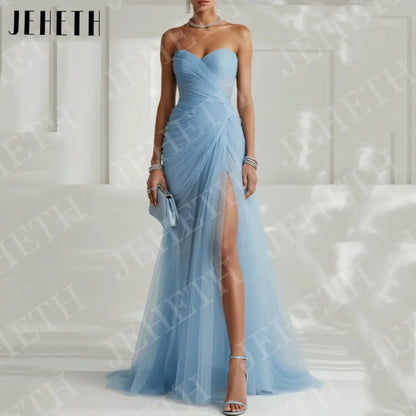 JEHETH Sky Blue Elegant Evening Dresses for Wedding Guest Woman Strapless Tulle Pleated High Slit Engagement Dress Customized