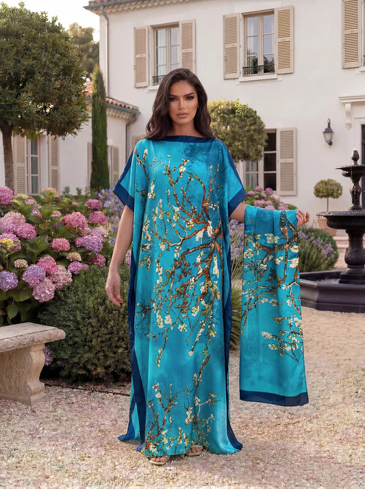 Vintage Almond Blossom Print Satin Abaya Scarf Set, Loose Batwing Long Kaftan Modest Muslim Women Summer Holiday Maxi Dress
