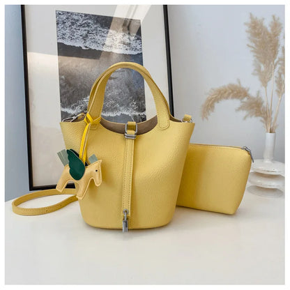 Fashion Vegetable Basket Bucket Bag Women's Autumn New Lychee Pattern Shoulder Bag Simple Solid Color Niche Messenger Bag