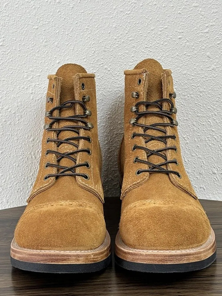 Handmade Solid Color Genuine Leather Hard-Wearing Lace-Up Ankle Boots Retro Male Cow Suede Round Toe Platform High Top Shoes