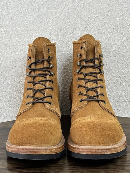 Handmade Solid Color Genuine Leather Hard-Wearing Lace-Up Ankle Boots Retro Male Cow Suede Round Toe Platform High Top Shoes