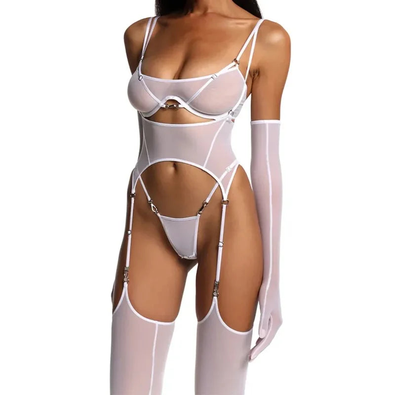 Solid Women's Lingerie Sets Seductive See Through Bra Belt Thong 3PC with glovs stockings Sissy Sexy Women's Underwear