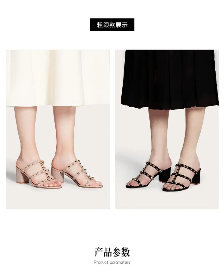 Women's Sandals Gladiator Summer With Heels Real Leather Rivets Luxury Brand High-heeled slippers Designer Silver Ladies Shoes