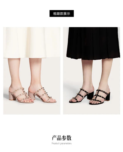 Women's Sandals Gladiator Summer With Heels Real Leather Rivets Luxury Brand High-heeled slippers Designer Silver Ladies Shoes