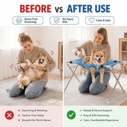 Breathable Pet Grooming Hammock Stand Foldable Dog Cat Nail Clipping Restraint Stainless Steel Care Table for Home Grooming Use