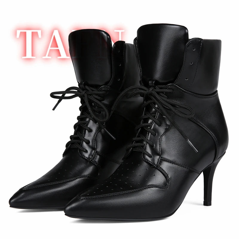 Women's Stitching Lace-Up Short Boots Pointed Toe Stiletto Breathable Casual Party Sports Boots High-heeled Plus Size Shoes 47