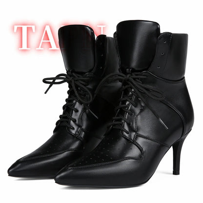 Women's Stitching Lace-Up Short Boots Pointed Toe Stiletto Breathable Casual Party Sports Boots High-heeled Plus Size Shoes 47