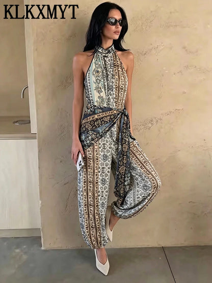 KLKXMYT New Vintage Print Jumpsuit For Women Lace-up Design Halter Neck Casual Outfit Fashion Backless Sexy Rompers ﻿ ﻿