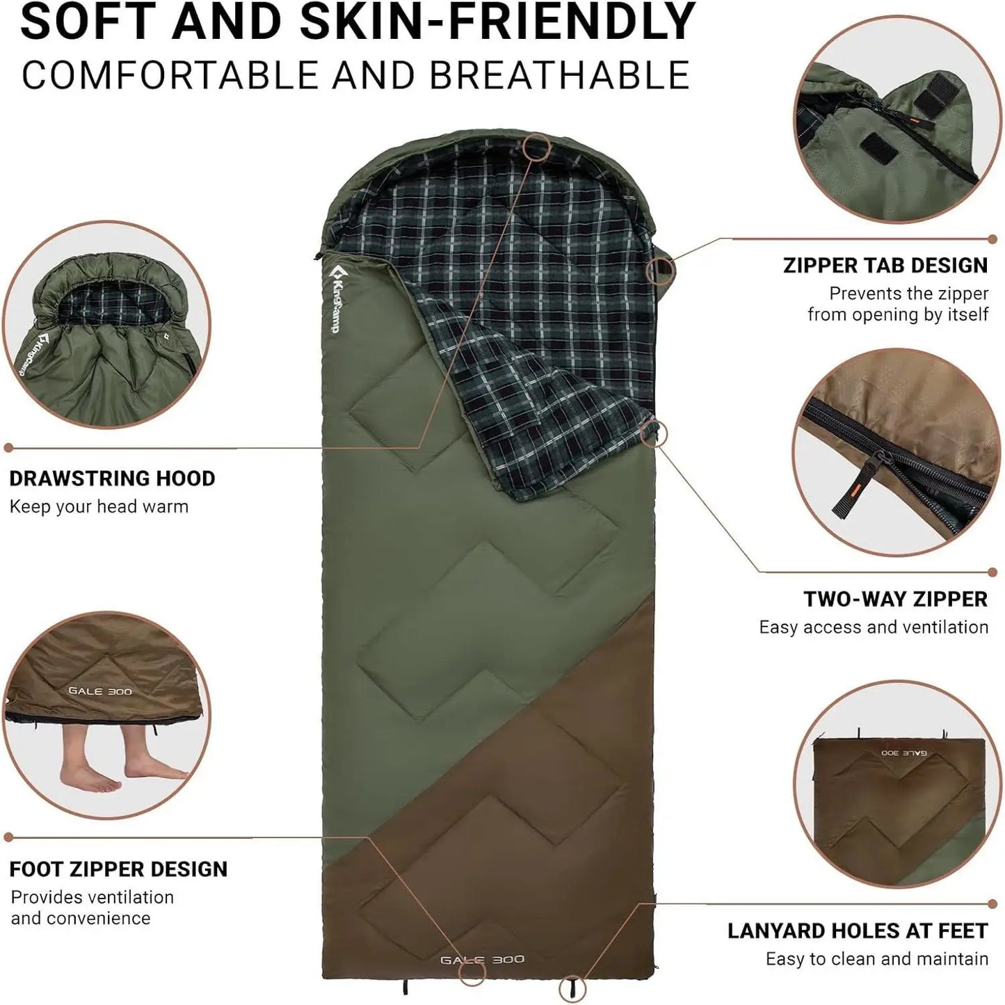 KingCamp Sleeping Bag for Adults, Cold Weather XL Big & Tall (74.8"x33.1" Fits 6.6ft), Cotton Flannel Lining & 300g/㎡ Hollow Fiber Fill (Comfort 44.6°F), Lightweight with Compression Sack, 2-Way Zipper for Couples, Outdoor
