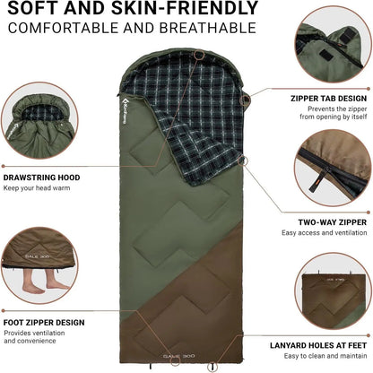 KingCamp Sleeping Bag for Adults, Cold Weather XL Big & Tall (74.8"x33.1" Fits 6.6ft), Cotton Flannel Lining & 300g/㎡ Hollow Fiber Fill (Comfort 44.6°F), Lightweight with Compression Sack, 2-Way Zipper for Couples, Outdoor