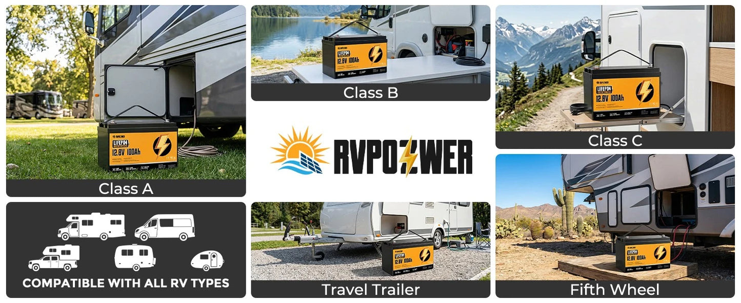 RVPOZWER,12.8V/100Ah Lithium Iron Phosphate Storage Accumulator,Shockproof Long Cycle Rechargeable Portable Battery Integrated BMS,Ideal For Caravan,Sailing Boat,Travel Car,Remote Cabin Off-Grid Power,Household Standby Electr