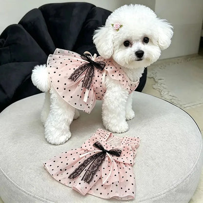 Pink Polka Dot Pet Princess Dress Breathable Sun Protection Sleeveless Tulle Dress with Lace Bow for Small Dogs Cats Pet Clothes