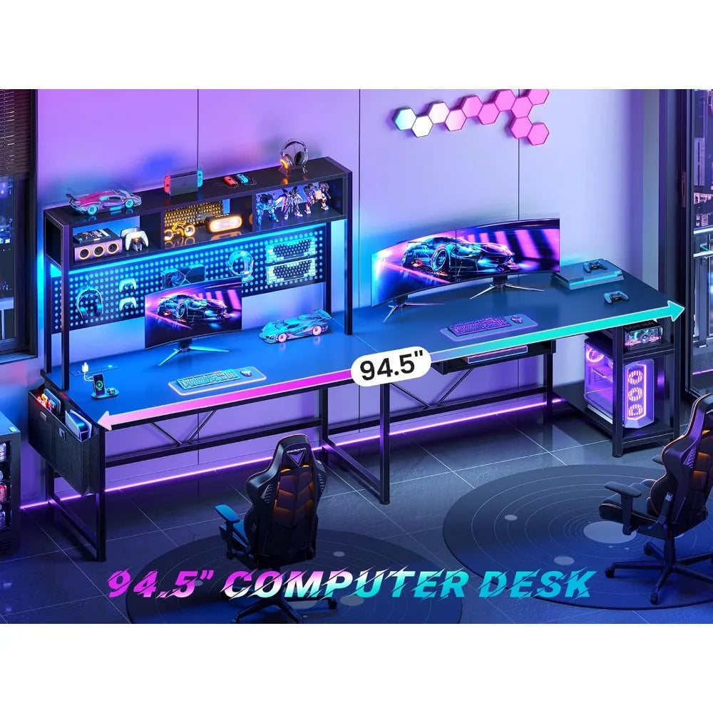 67" Reversible L Shaped Gaming Computer Desk, Pegboard, LED Lights, Power Outlet & Keyboard Tray for Home Office, Custom