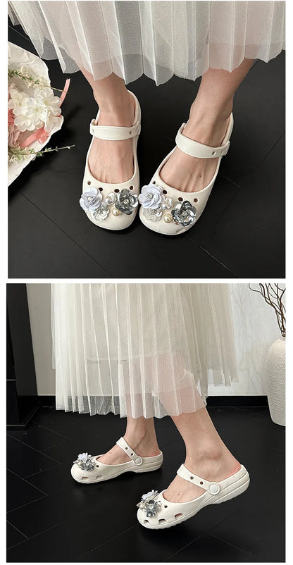 Clogs Summer Slippers Women Luxury Pearl Metal Flower Mary Janes Designer Ballet Shoes Girls Corc Charms Sandals Indoor Outdoor