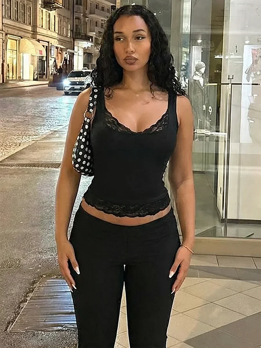 Dulzura Square Collar Backless Slim Lace Ruffles Patchwork Tank Top Women'S Fashion Sexy Y2K Top Party Vacation Summer Clothes
