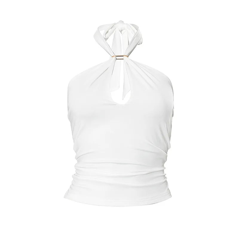 Women'S Solid Color Hanging Neck Tie Hollow Out Metal Ring Strapless Backless Tank Top Summer New Fashion Street Tank