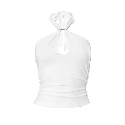 Women'S Solid Color Hanging Neck Tie Hollow Out Metal Ring Strapless Backless Tank Top Summer New Fashion Street Tank