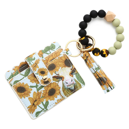 Bull Silicone Beads Bracelet Pu Leather Purse Leopard Print Tassel Cow Wallet Keychain Silicone Beaded ID Card Holder Keychain