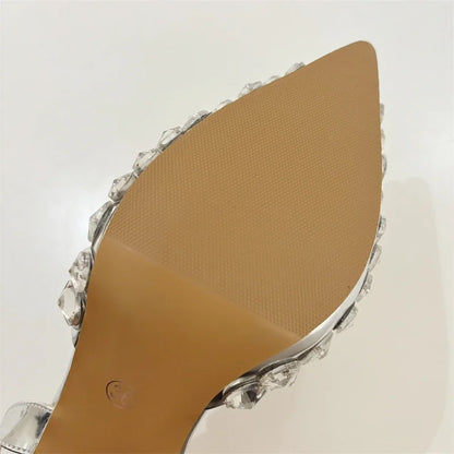 Aneikeh Fashion Stiletto Pumps Summer Silvery Rhinestone Hollow Strap High-heeled Sandals Women Wedding Banquet Shoes
