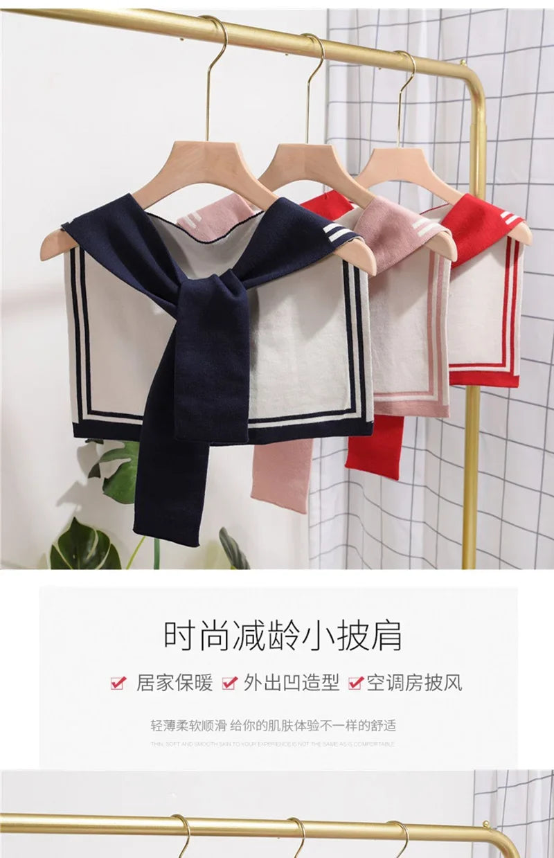 Korean College Navy Stripe Wool Knit Shoulder Cape Knotted Warm Overlapping Shawl Women Summer Neck Scarf T56