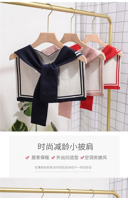 Korean College Navy Stripe Wool Knit Shoulder Cape Knotted Warm Overlapping Shawl Women Summer Neck Scarf T56