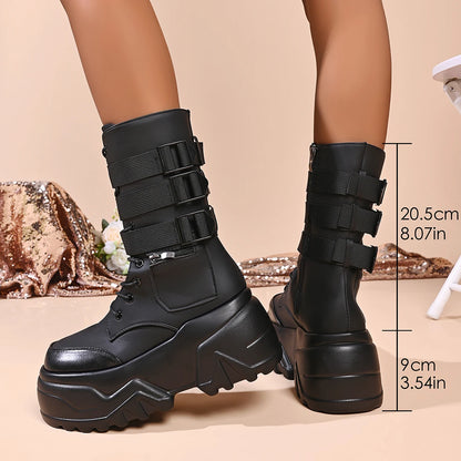 Punk Style Thick Bottom Women's Black Short Boots Side Zip Buckle Straps Platform Shoes for Women Zapatos De Mujer Size 35-42