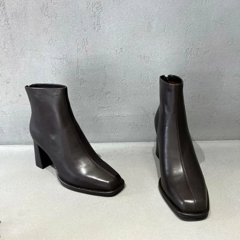 Concise Female Genuine Leather Square Toe Chunky Heel Ankle Boots Versatile Solid Color Cowhide Zipper Hard Wearing Footwear