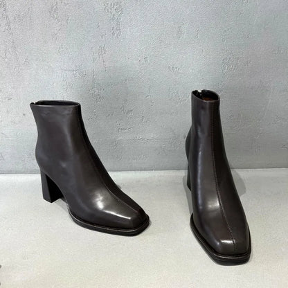 Concise Female Genuine Leather Square Toe Chunky Heel Ankle Boots Versatile Solid Color Cowhide Zipper Hard Wearing Footwear