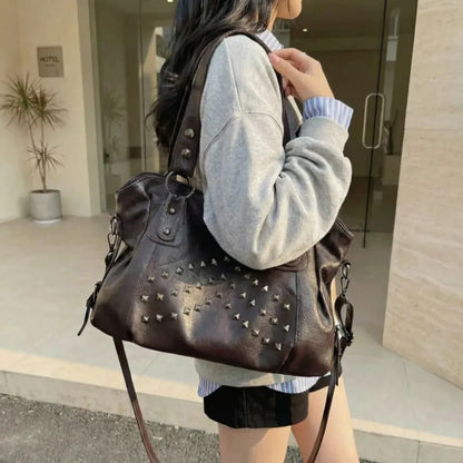 Rivet Punk Large Capacity Handbags Top Quality Sturdy Soft Leather Casual Tote Bag Shoulder Crossbody Bags Daily Commute Travel