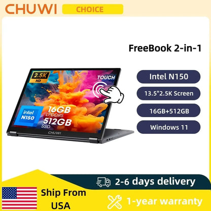 CHUWI FreeBook 2-in-1 Touch Screen Laptop 13.4'' Intel N150 16GB LPDDR5 RAM 512GB SSD FHD 2520x1680 WiFi6 BT5.2 Windows 11